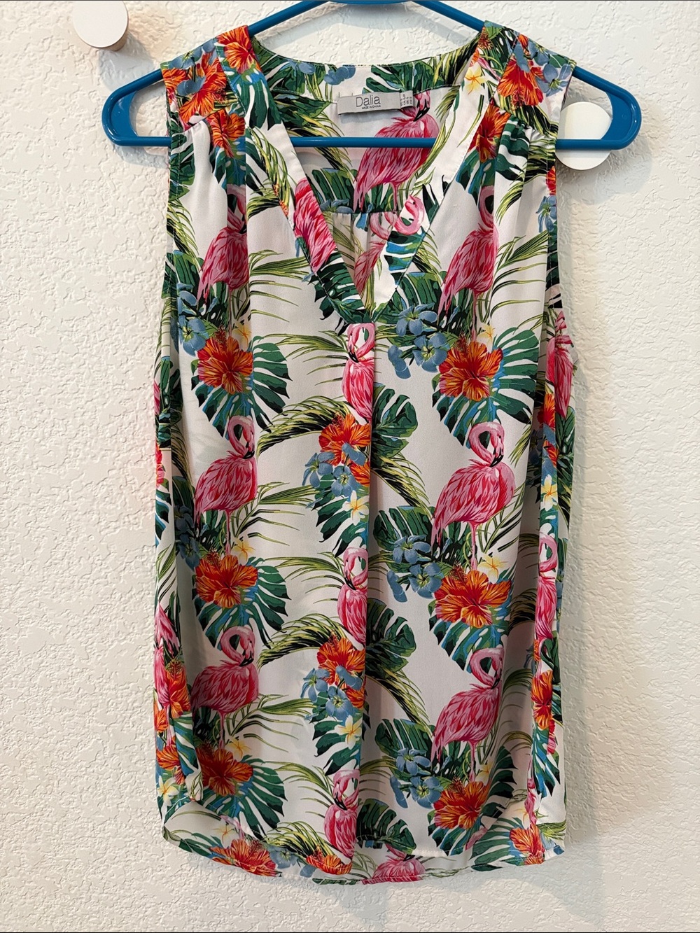 Dalia Tropical Flamingo V-Neck Sleeveless Top - Pink/Green/White
